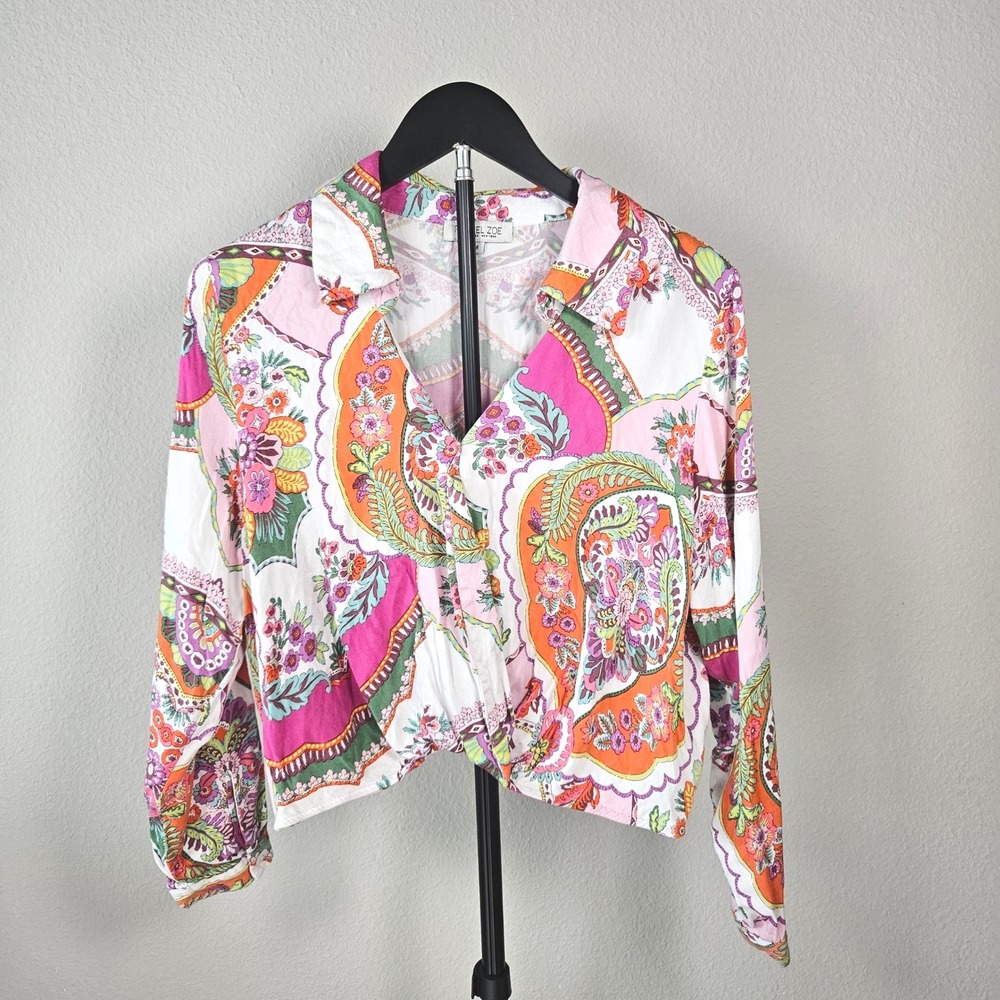 Rachel Zoe Blouse Women Medium Multicolor Paisley Twist Front Cropped Boho Chic